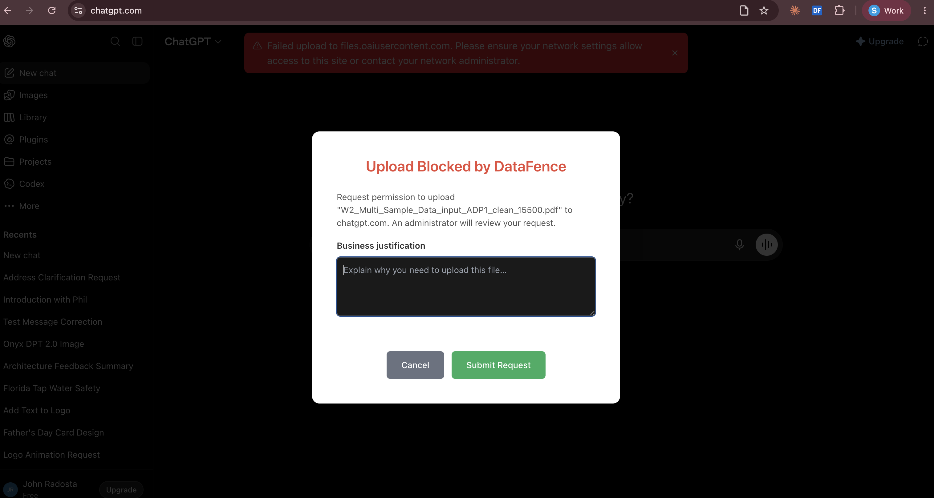 A DataFence block notice on chatgpt.com reading Upload Blocked by DataFence, asking the user to request permission to upload a W-2 PDF, with a business justification field and Submit Request button.