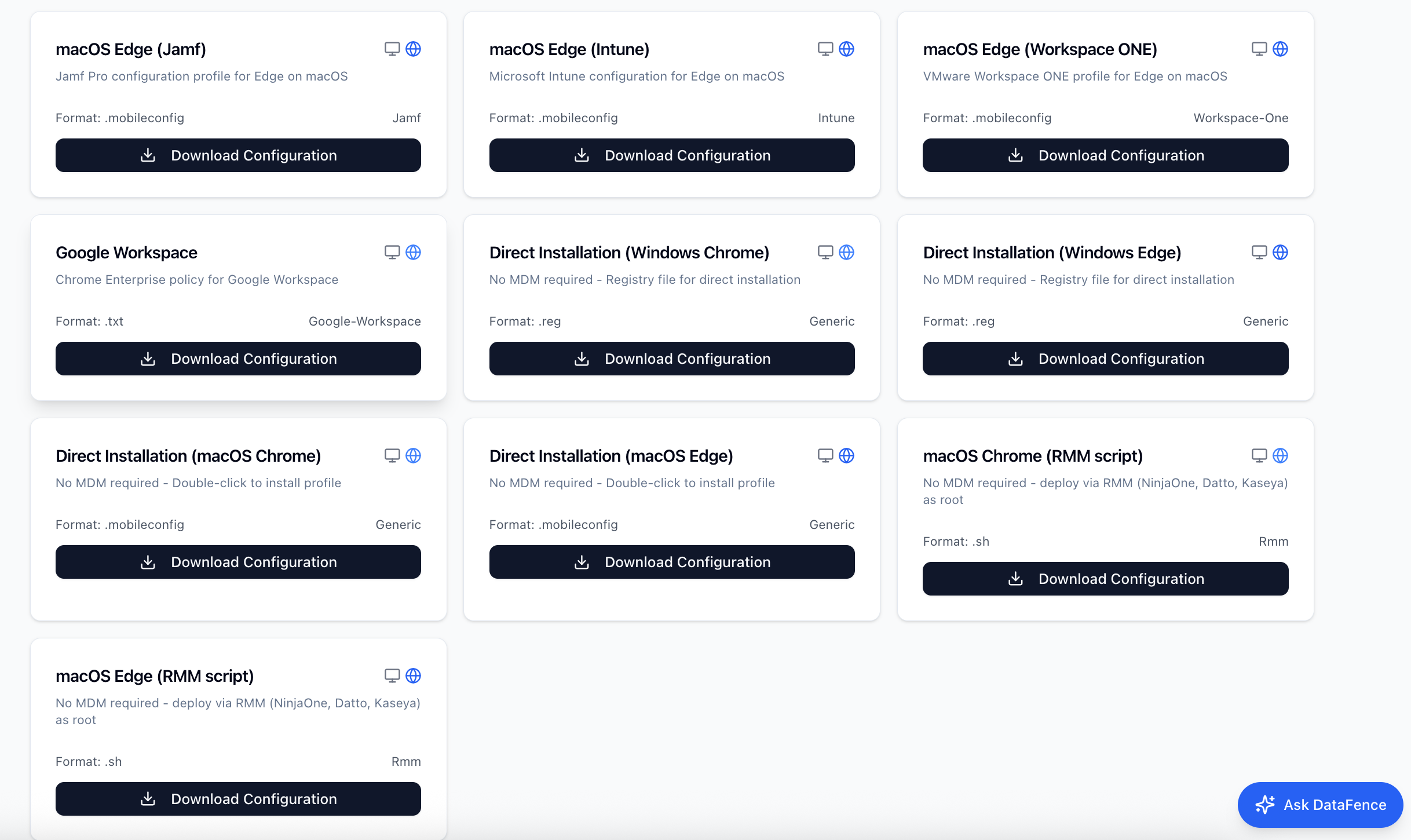 DataFence deployment library showing ready-made configuration downloads for Jamf, Intune, Workspace ONE, Google Workspace, direct installation on Windows and macOS, and RMM scripts for NinjaOne, Datto and Kaseya